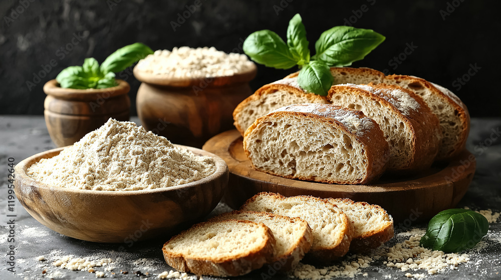 Aufkleber freshly baked bread with flour and basil displayed on a rustic wooden table. generative ai