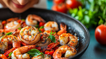 Delicious shrimp dish with herbs and vegetables prepared in a skillet at a bright kitchen setting. Generative AI