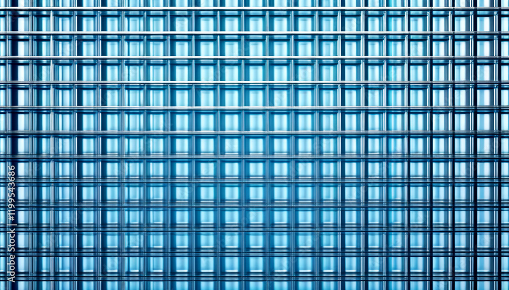 Poster intricate patterns of blue glass intersected by silver grid structure