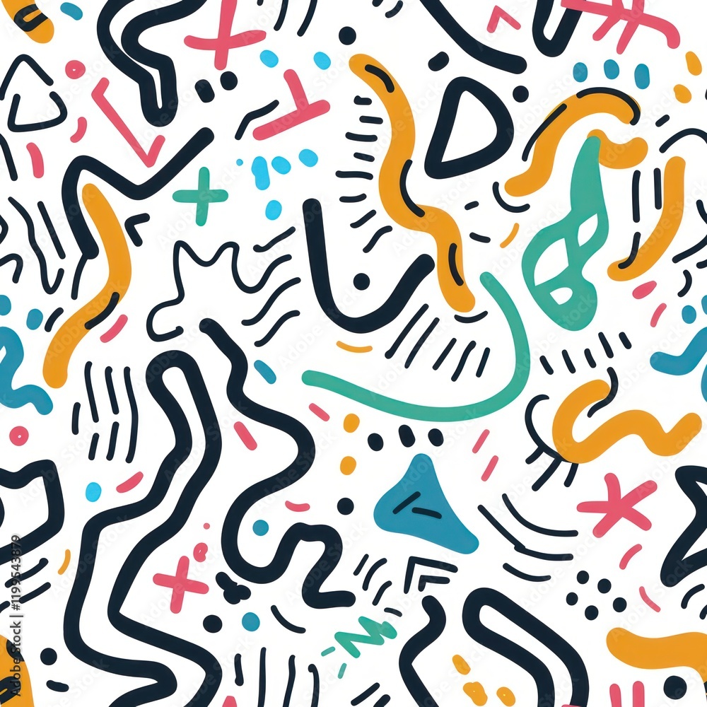 Poster seamless pattern funky outline color black line abstract basic hand drawing doodle simple