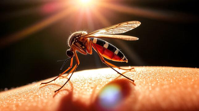an Aedes aegypti mosquito on tanned skin, bright lens flares, light aura around the mosquito