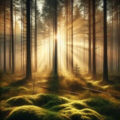 Fototapeta premium A serene, misty forest at dawn with soft sunlight streaming through tall trees. Gentle moss covers the ground, and golden light creates ethereal rays
