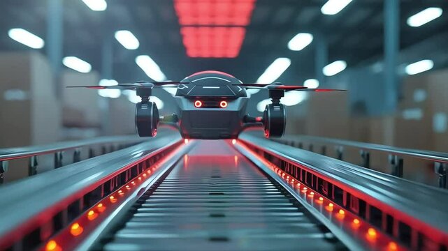 Cinematic View of an Empty Platform in a Factory with Drone on Conveyor
