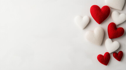 A collection of red and white plush felt hearts arranged elegantly on a clean, minimalist white background with ample copy space. Perfect for Valentine's Day designs or romantic themes.