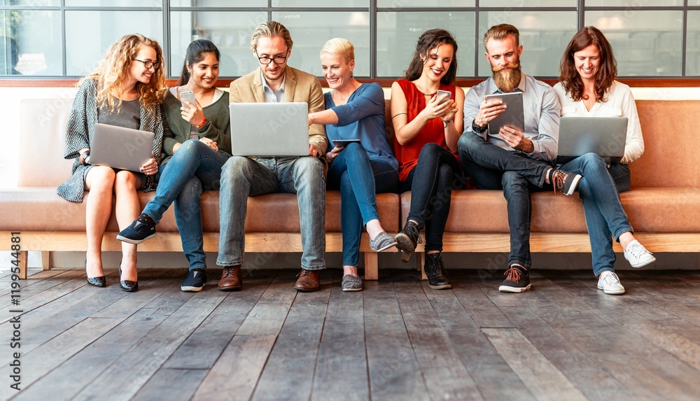 Poster diverse group of people sitting on a couch, using laptops and smartphones, smiling and interacting, 