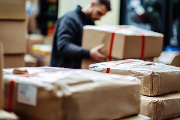Humanitarian worker organizes packages in a warehouse setting for distribution efforts
