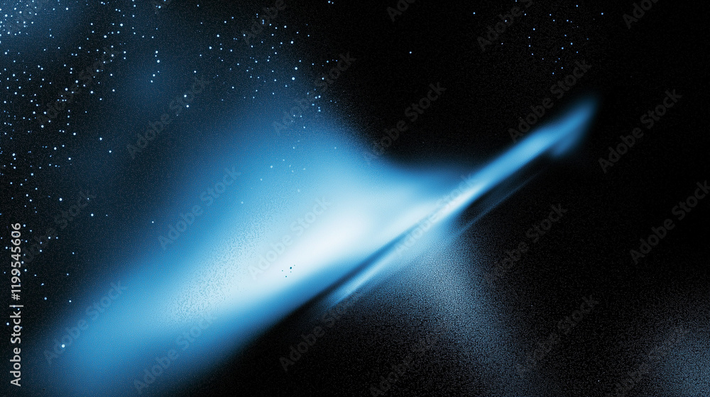 Poster Abstract blue beam of light on a dark black background with a grainy texture and blurred details, creating a mysterious and hazy atmosphere. Conceptual design for futuristic, digital, and sci-fi theme