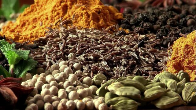 Colorful Mix of Aromatic Spices: Turmeric, Cardamom, Cumin, Pepper. Bright mix Close up.