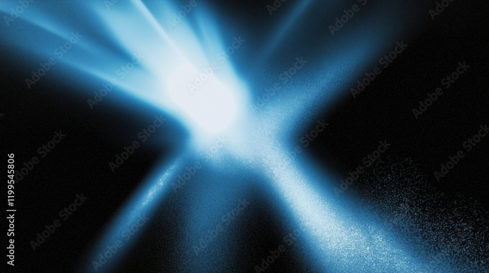 Fototapete Abstract blue beam of light on a dark black background with a grainy texture and blurred details, creating a mysterious and hazy atmosphere. Conceptual design for futuristic, digital, and sci-fi theme