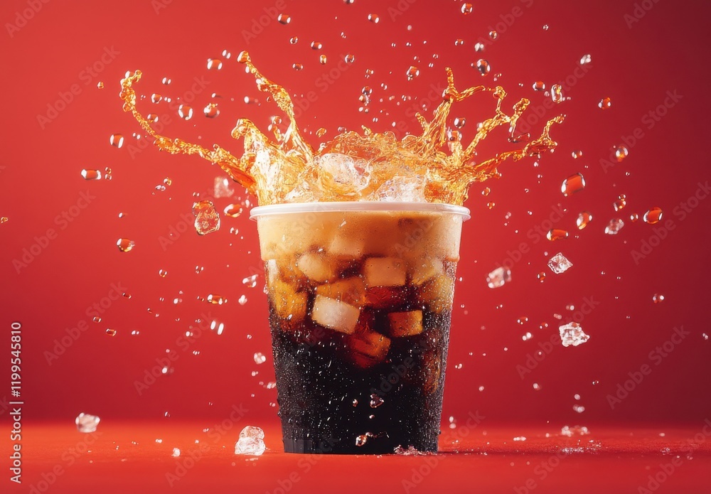 Poster refreshing beverage splashing in a transparent cup against a vibrant red background, highlighting co