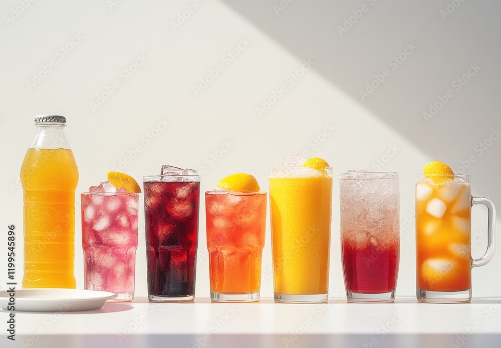 Poster refreshing beverage variety displayed on a bright surface featuring colorful drinks with ice and lem
