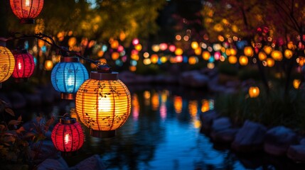 Chinese balloons illuminated over a lake at night