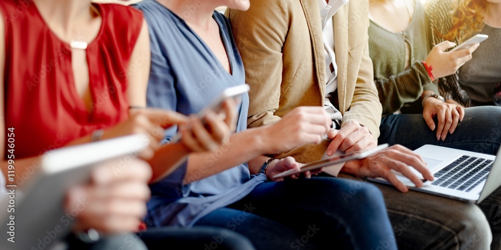 Poster group of people working together, using laptops , mobiles and tablets. mixed ethnicities and genders
