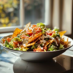 Delicious cheesy taco salad recipe home kitchen food bright natural light culinary art