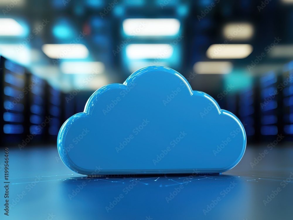 Poster a blue cloud icon in a data center setting, symbolizing cloud computing and digital storage solution