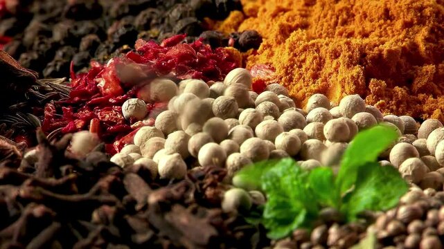 Vibrant Spice Mix for Culinary Creations: Turmeric, Cumin, Cardamom, and Pepper. Close-up