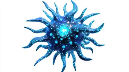 A 3D illustration of a virus particle, highly detailed, glowing bioluminescent accents, futuristic style, isolated on white background