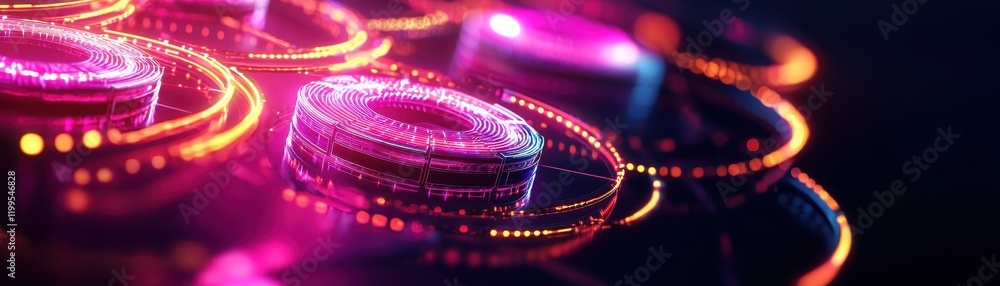 Poster a vibrant, abstract image featuring glowing circles with colorful neon lights, creating a dynamic an