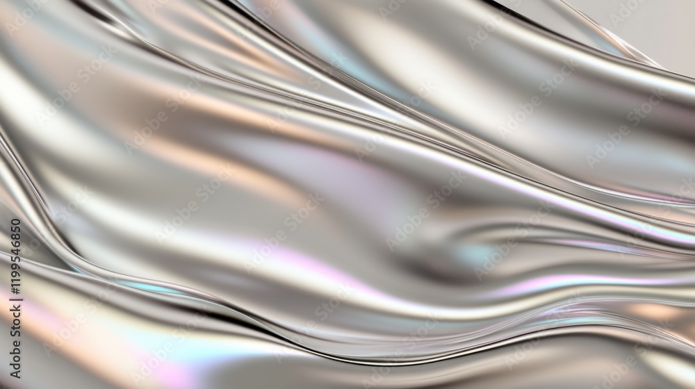 Poster abstract metallic wavy texture with iridescent surface reflecting light patterns