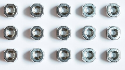 Fifteen metallic nuts arranged in a grid on a white background.