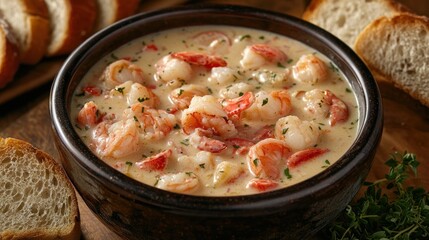 Creamy shrimp scampi in a bowl with bread.