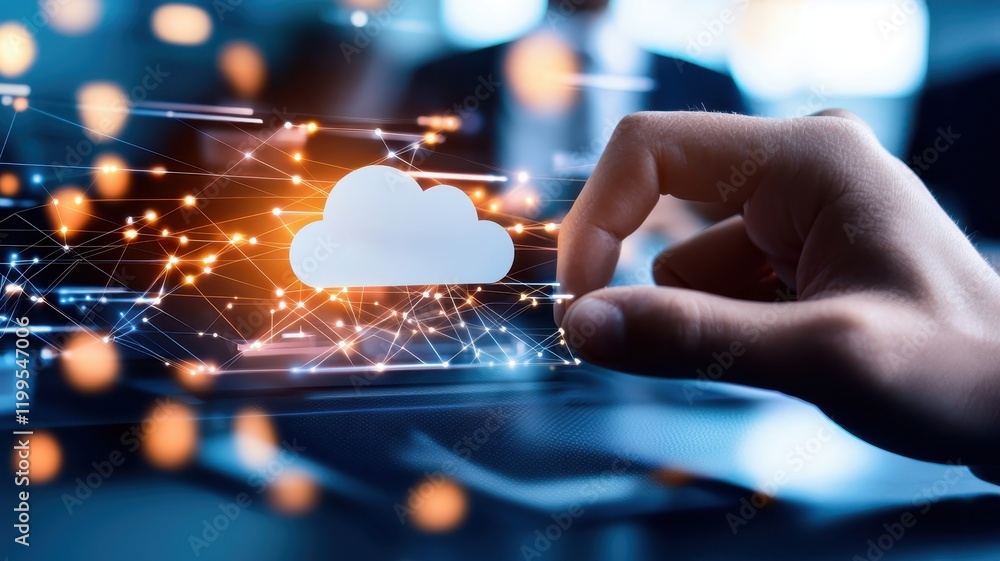Poster a hand reaches towards a digital cloud icon surrounded by glowing data elements, symbolizing cloud c