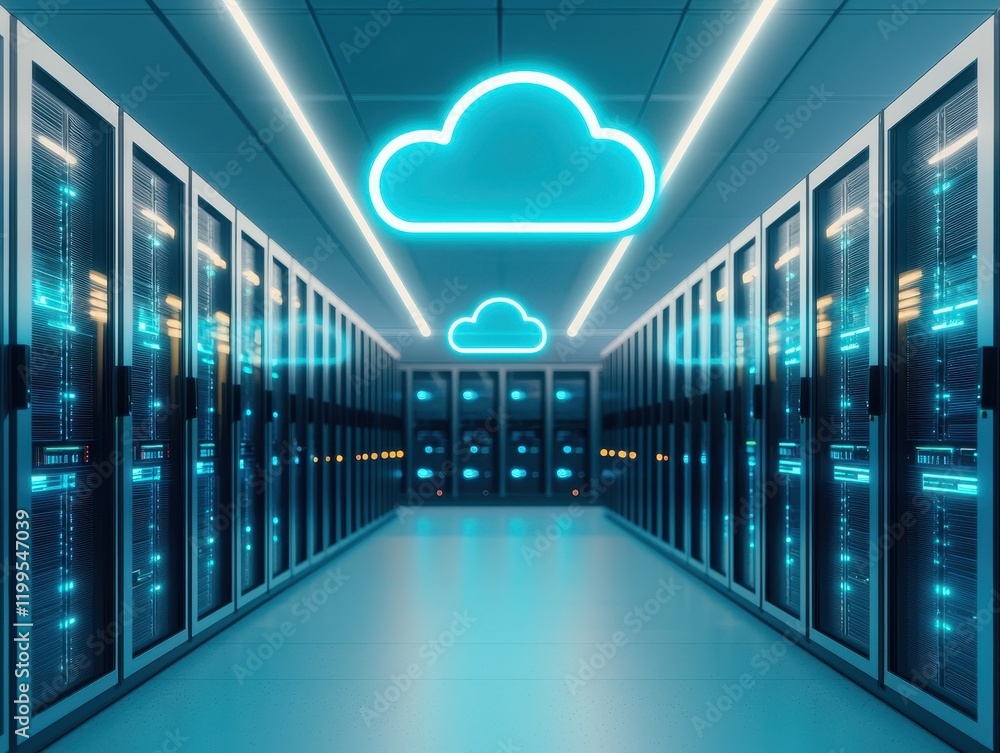 Poster a modern data center with glowing server racks and stylized cloud icons, showcasing advanced technol