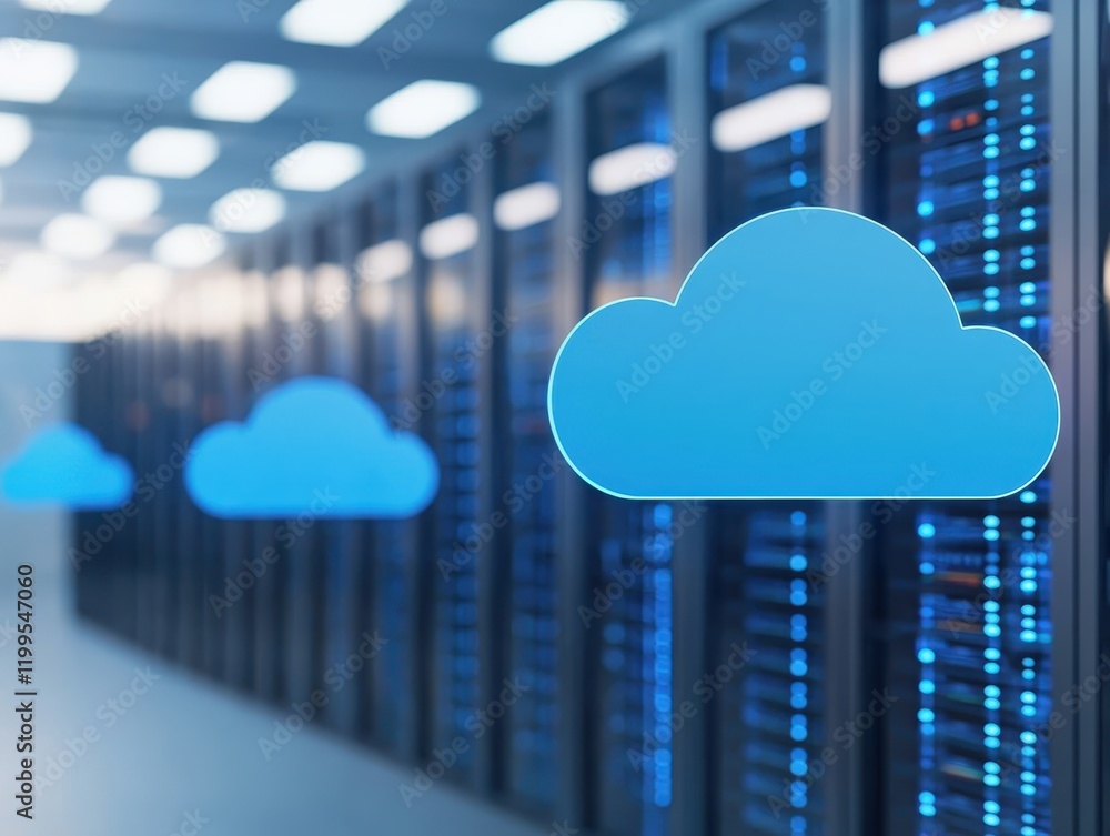 Aufkleber a modern data center featuring blue cloud icons, symbolizing cloud computing amidst rows of servers 