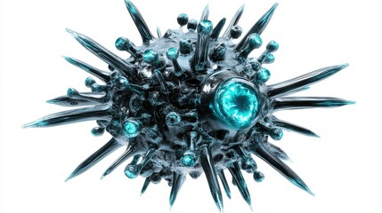 Fototapeta premium A 3D illustration of a virus particle, highly detailed, glowing bioluminescent accents, futuristic style, isolated on white background
