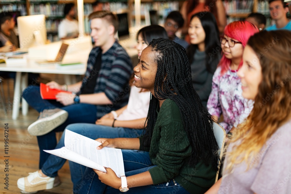 Poster diverse group of young students studying together in a classroom, smiling and engaged, students coll