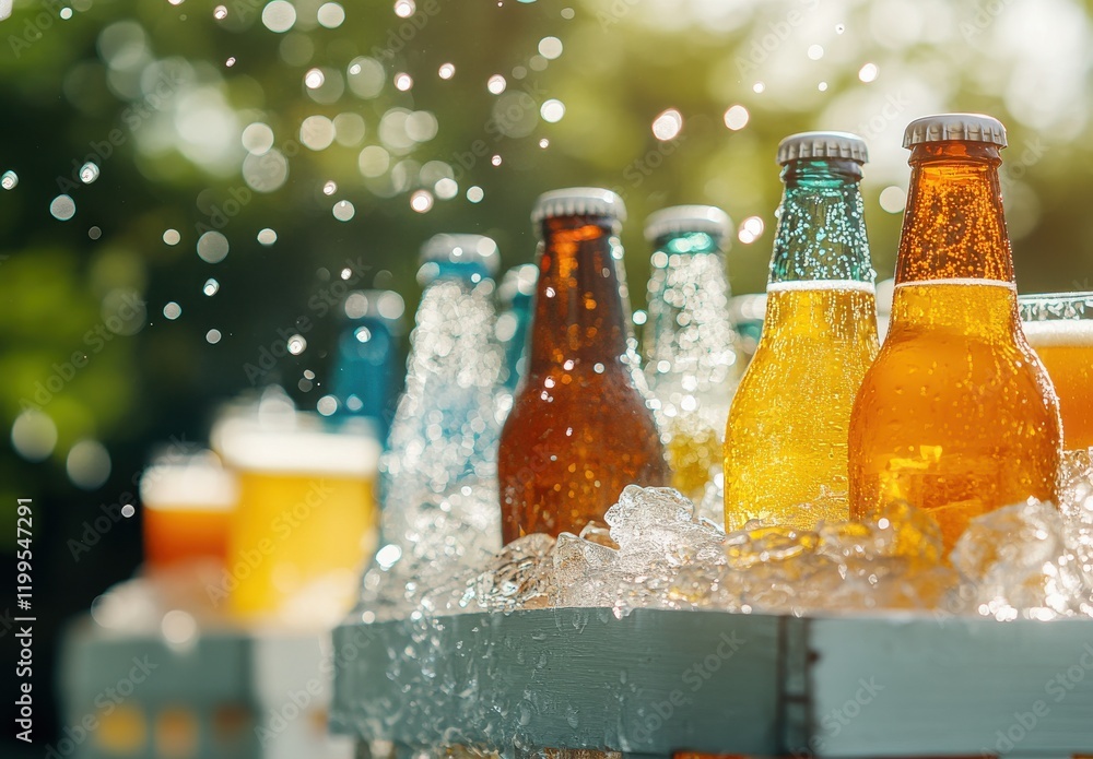 Poster refreshing bottles in ice with sparkling water drops in a summer outdoor setting creating a relaxing
