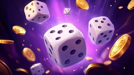 Rolling Dice Game Art Purple Background with Gold Coins