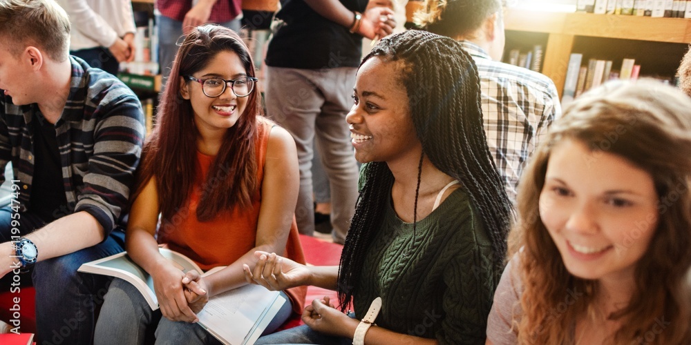 Poster group of diverse students studying together, smiling and engaged. diverse group, diverse students, s