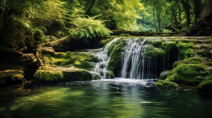 Fototapeta premium Small Waterfall in the Forest. A Serene, Cascading Waterfall in Lush Green Forest Ambience by the River Stream. Nature's Peaceful Landscape
