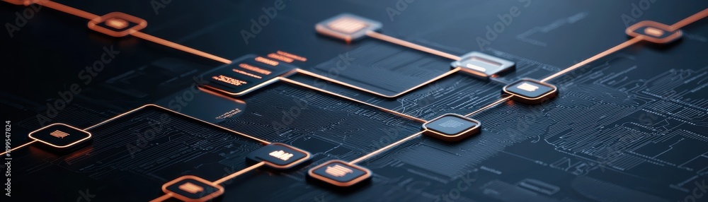 Poster a sleek, modern digital circuit design featuring interconnected nodes and pathways, highlighting tec