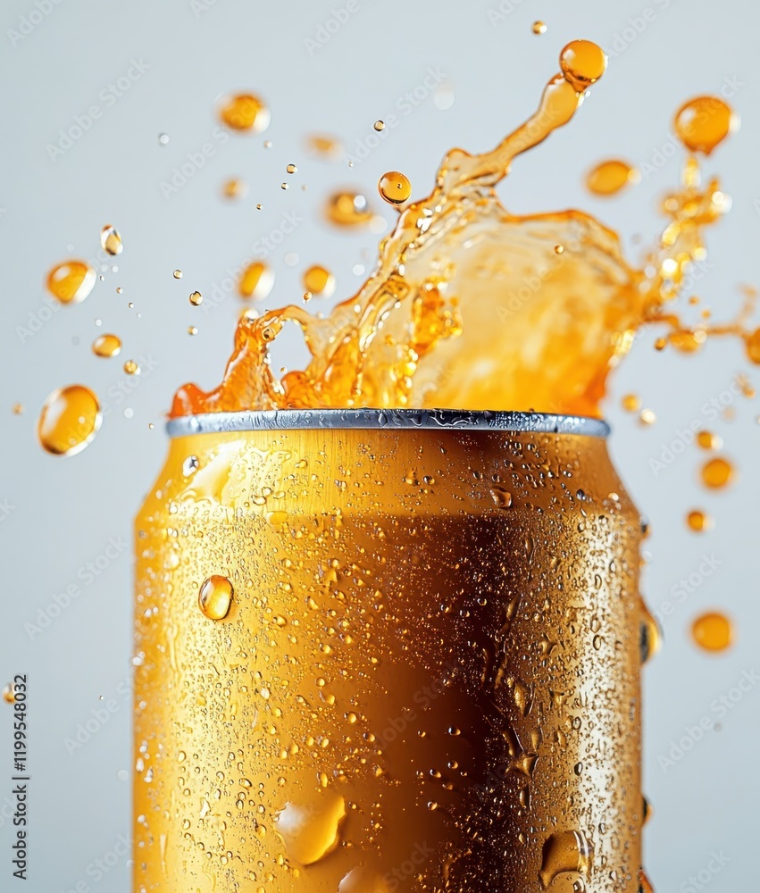 Poster refreshing burst of carbonated beverage: close-up of a golden can with splashing liquid and condensa