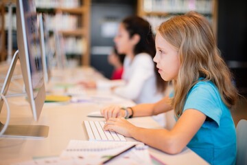 Young Caucasian girl focused on a computer in a library learning online. Young white girl learning online through computer at library. Online education. Education and learning technology concept.