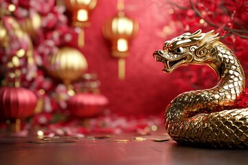 Chinese New Year Celebration Background with a Golden Snake and Vibrant Colors.