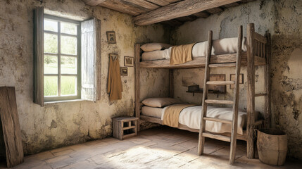 Rustic Cabin and Hunting Lodge, A rustic bedroom featuring a bunk bed, weathered walls, and a window, creating a cozy and simple atmosphere.