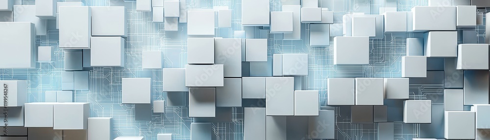 Poster a modern, abstract background featuring floating white cubes and a digital grid, creating a tech-ins
