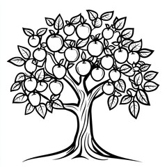 Abundant Apple Tree, Orchard, Line Art, White Background, Coloring Book