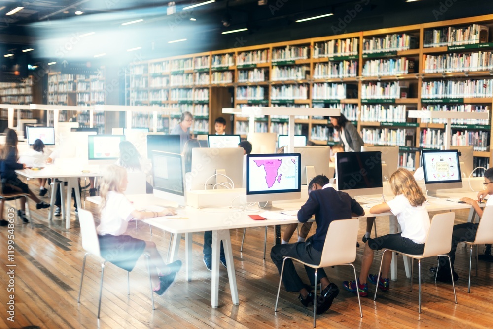 Aufkleber students studying in a library with computers, books, and desks. diverse students focused on learnin
