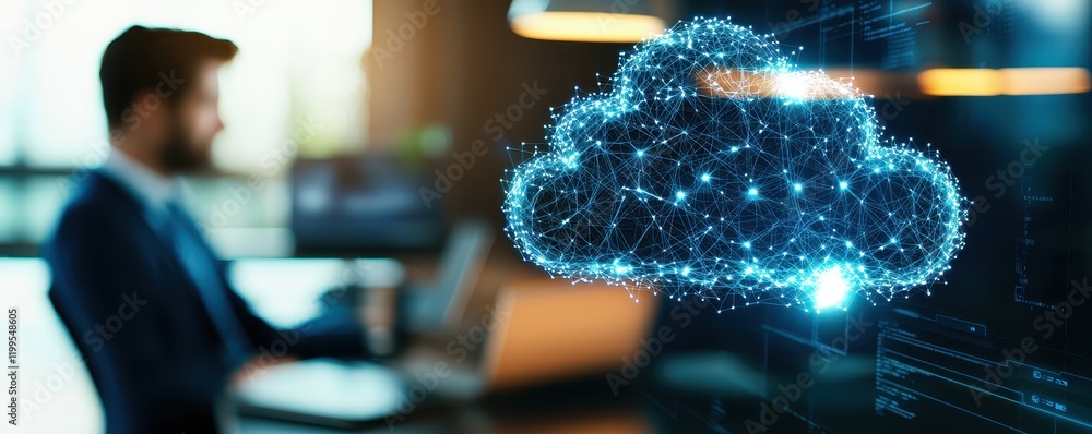 Poster a professional setting featuring a person working on a laptop with a digital cloud symbol, represent