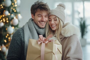 Obraz premium Happy young couple standing in front of new home - Husband and wife buying new house. Life style real estate concept.. Beautiful simple AI generated image