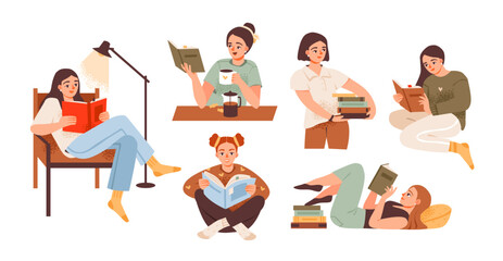 People read books. Books, hobbies and education concept. Student enjoying a novel. Flat vector illustration set.