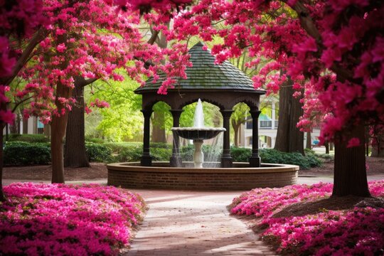 Springtime Bloom at UNC Chapel Hill's Old Well with Azaleas in Shades of Pink and Red