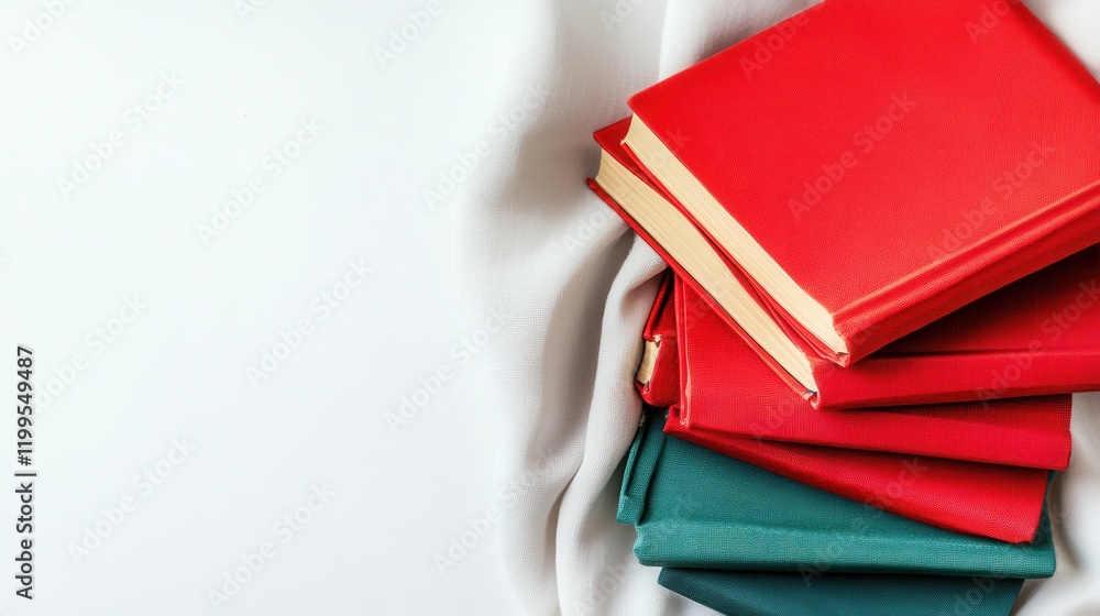 Poster stacked colorful books on a soft fabric background, creating a cozy reading atmosphere