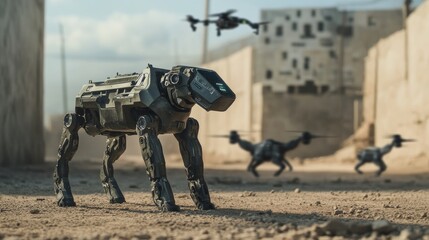 A robotic defense dog patrolling the perimeter of a modern military base equipped with smart surveillance cameras, military robotics and drones,