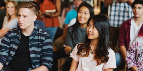 Group of diverse young adults in classroom, listen to class presentation. Diverse group of young teenagers engage in learning presentation and discussion. Diverse people group in presentation class