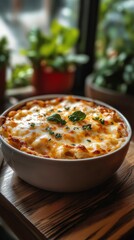 Cheesy comfort food delight gourmet restaurant high-end cuisine cozy atmosphere close-up view indulgent experience